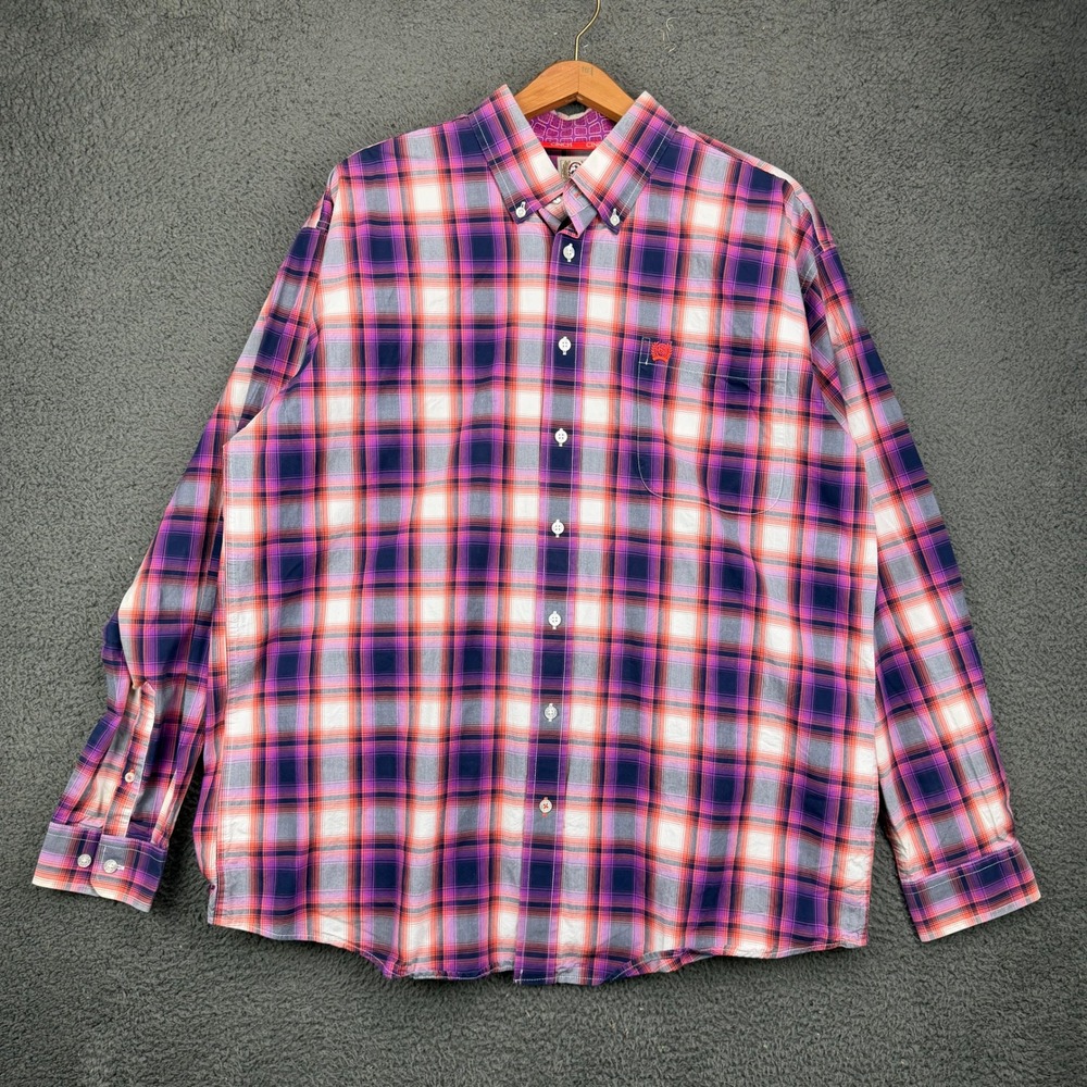 Cinch Mens Large Button Down Shirt‎ Purple Orange Plaid Long Sleeve Cotton L